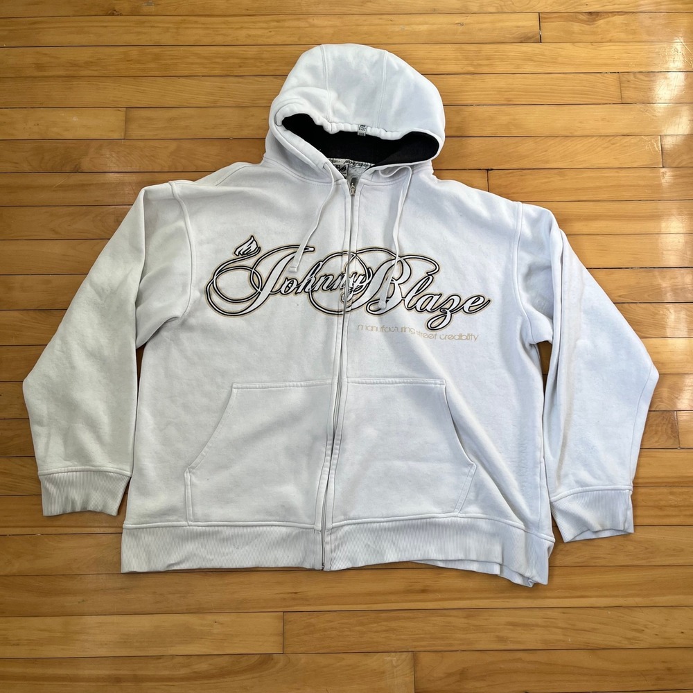 Johnny Blaze Vintage White Full Zip Hoodie Logo XXL Hip Hop 90s Y2K